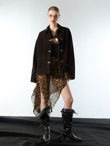 Retro Unique Metal Button Suede Lapel Bomber Jacket