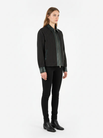 Textured PU Leather Patchwork Retro Stripe Jacket