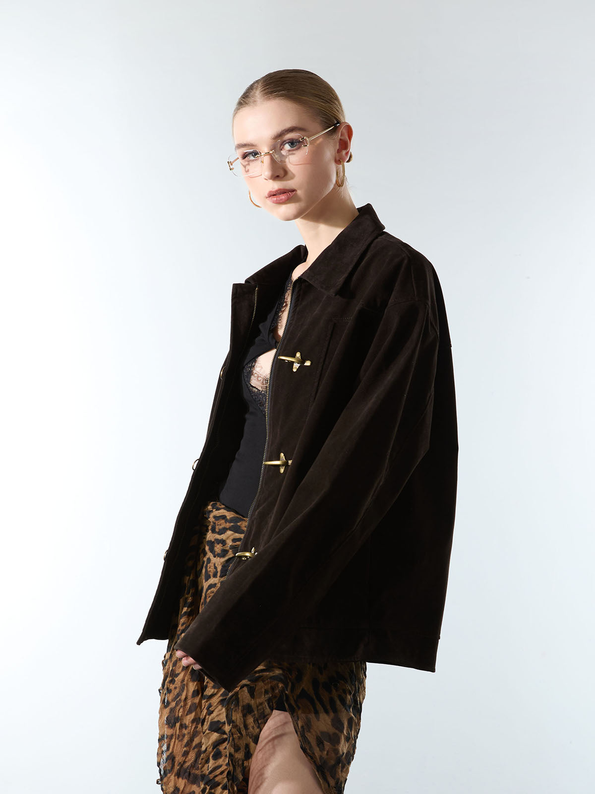 Retro Unique Metal Button Suede Lapel Bomber Jacket