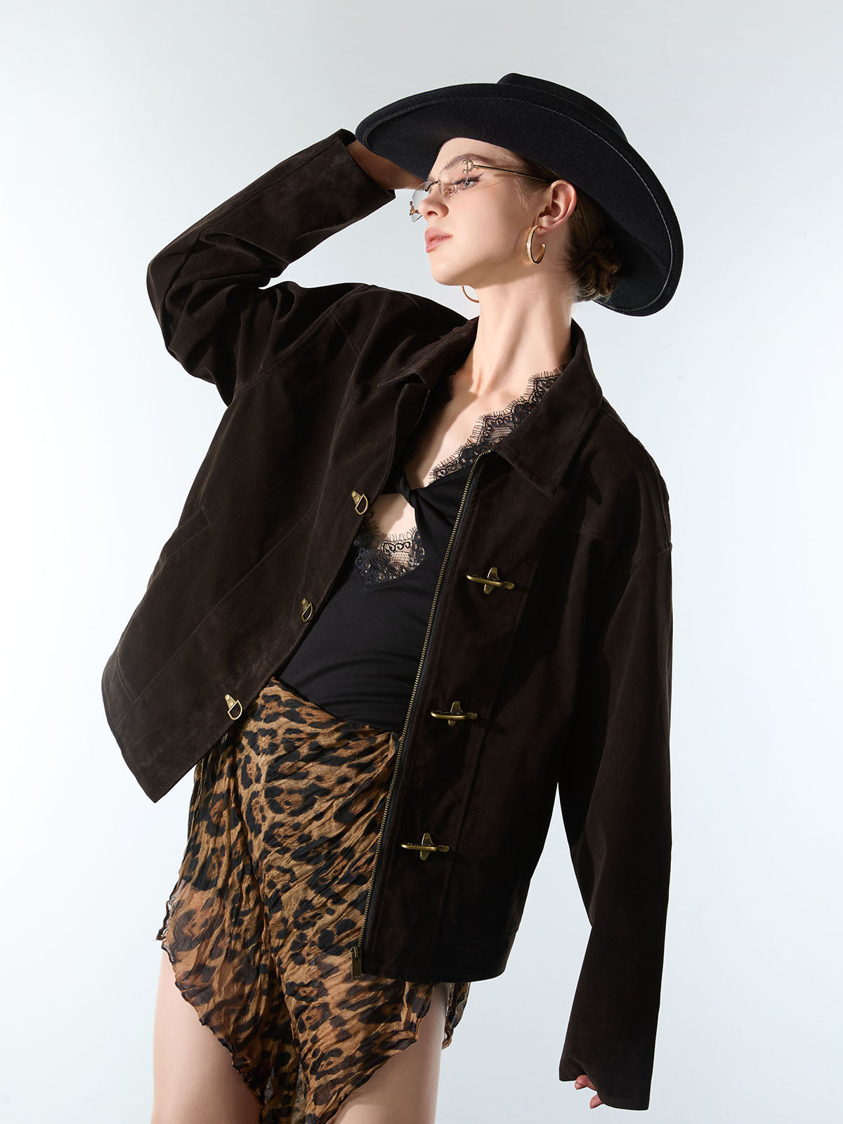 Retro Unique Metal Button Suede Lapel Bomber Jacket