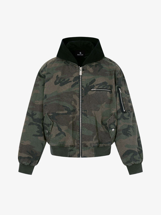 Camouflage Bomber Jacket with Detachable Hood - Perfect for Casual and Outdoor Adventures 