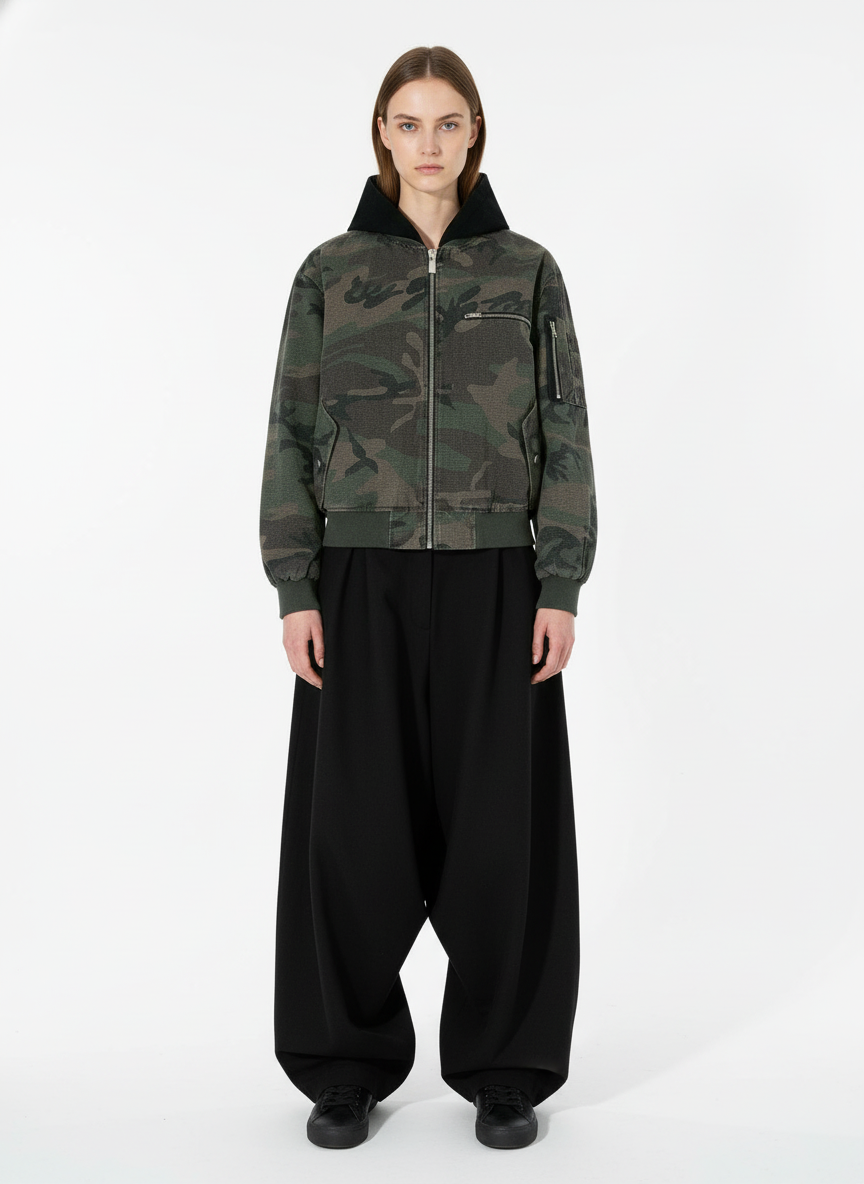 Retro Camouflage Faux Two-Piece Bomber Jacket