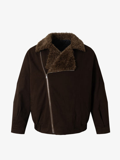 Thesupermade Oblique Zipper Design Lambswool Collar Quilted Jacket 