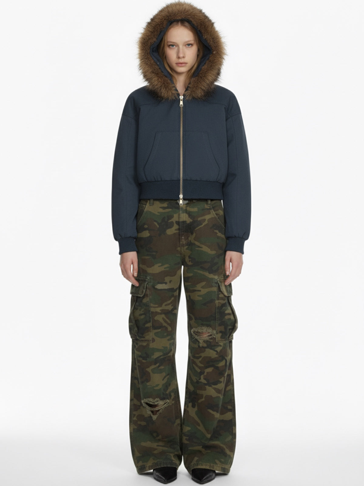 Retro Detachable Fur Collar Cropped Hooded Sweatshirt