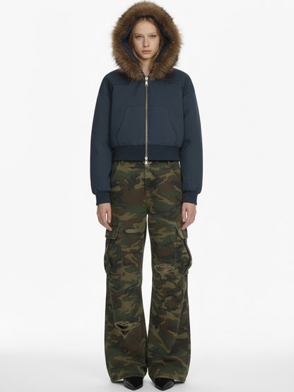 Retro Detachable Fur Collar Cropped Hooded Sweatshirt