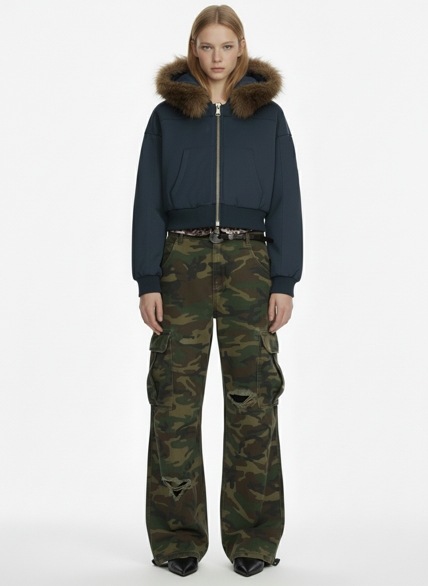 Retro Detachable Fur Collar Cropped Hooded Sweatshirt