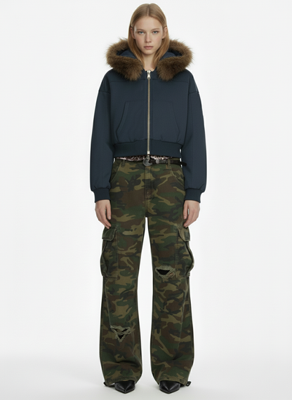 Retro Detachable Fur Collar Cropped Hooded Sweatshirt