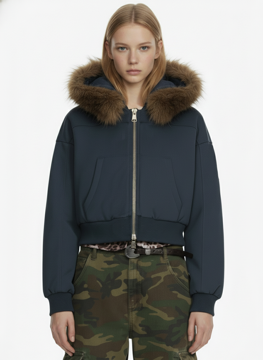 Retro Detachable Fur Collar Cropped Hooded Sweatshirt