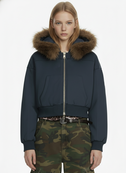 Retro Detachable Fur Collar Cropped Hooded Sweatshirt