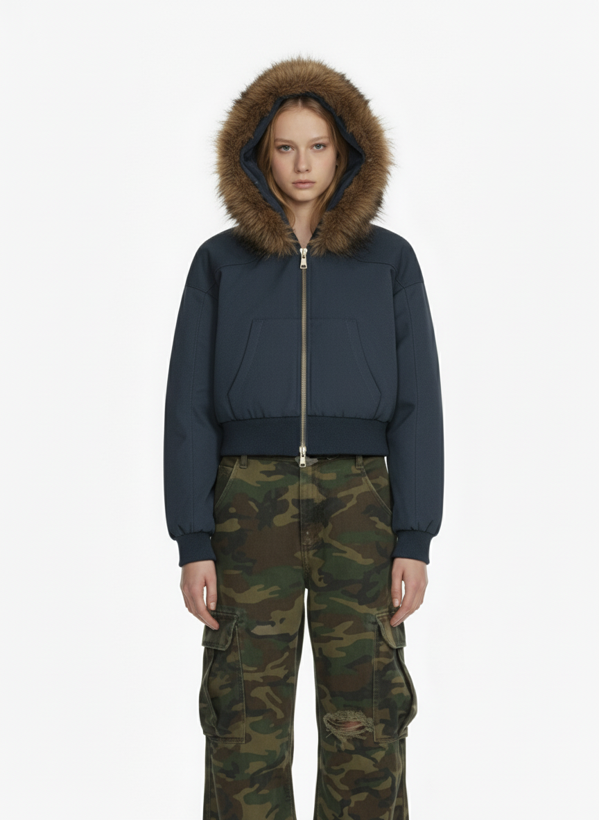 Retro Detachable Fur Collar Cropped Hooded Sweatshirt