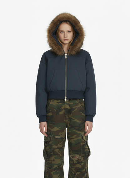 Retro Detachable Fur Collar Cropped Hooded Sweatshirt