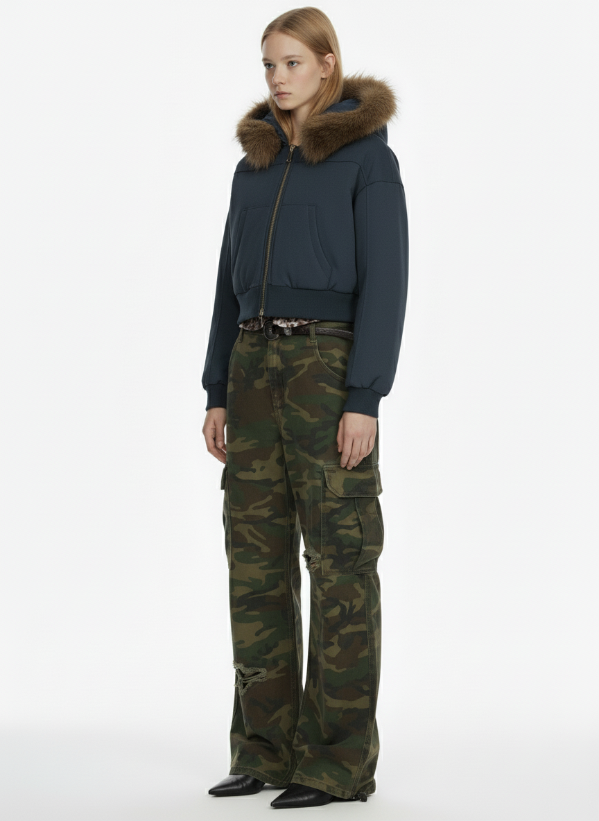 Retro Detachable Fur Collar Cropped Hooded Sweatshirt