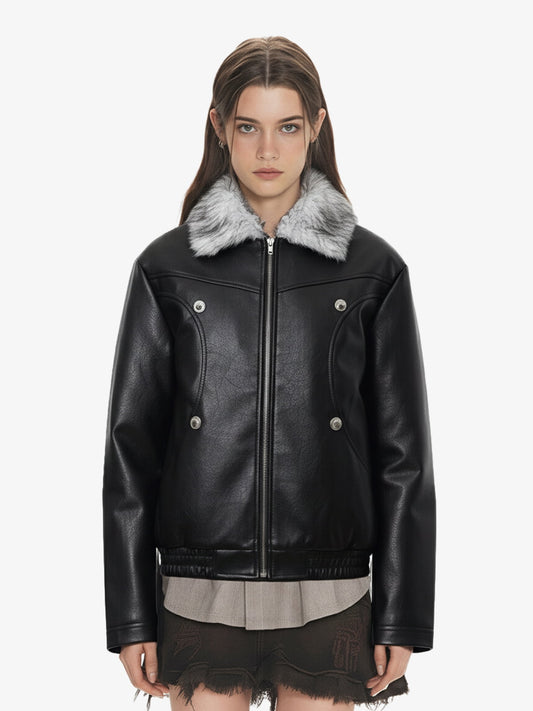 Street Fur-Trim Collar Leather Bomber Jacket