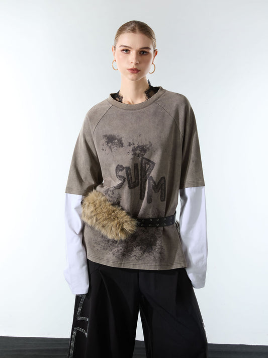 Washed Contrast Color Print Long Sleeve Cotton T-shirt