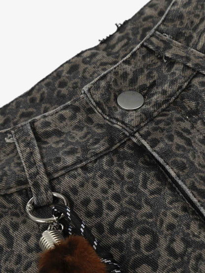 Cotton Leopard Print High-Waisted Wide-Leg Pants with Pleated Design and Decorative Tassel 