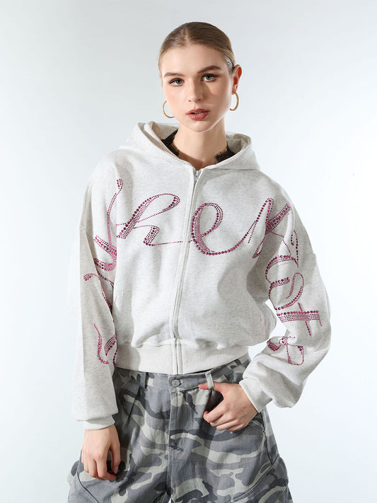 Street Hip-Hop Rhinestone Cropped Hooded Sweatshirt