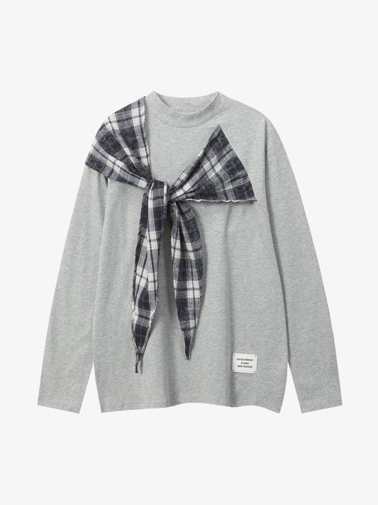 Black Long Sleeve T-Shirt with Plaid Shoulder Patch - Stylish and Versatile Top for Casual Wear 