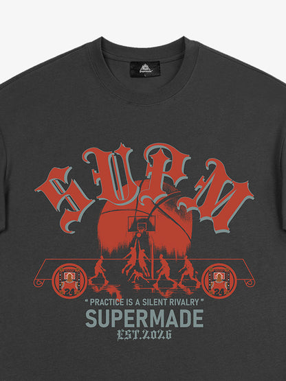 thesupermade-Cotton Basketball Graphic T-Shirt with "Practice Is A Silent Rivalry" Print and Oversized Fit 