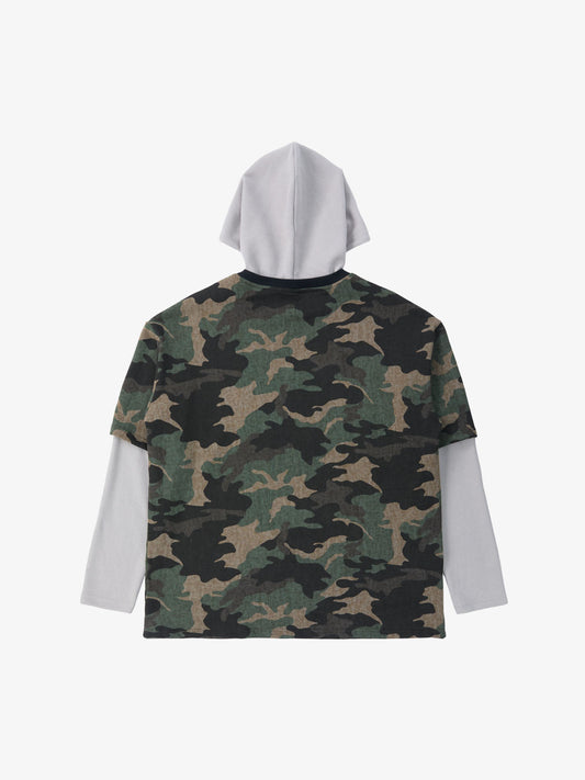 Supermade Camouflage Patchwork Faux Two-Piece Hooded Top?