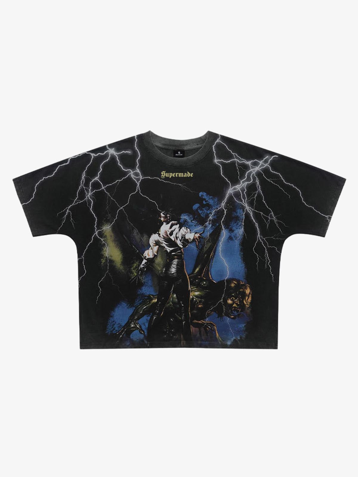 300G Jade Pattern Dyed Cotton T-Shirt with Lightning Graphic Print Oversized Streetwear Tee?