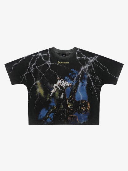 300G Jade Pattern Dyed Cotton T-Shirt with Lightning Graphic Print Oversized Streetwear Tee?