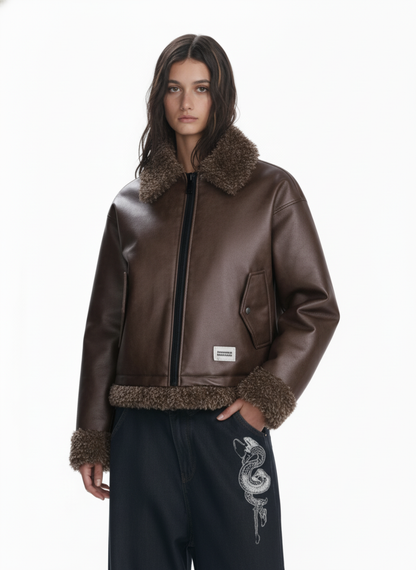Vintage Brown Faux Fur Trim Faux Leather Padded Bomber Jacket