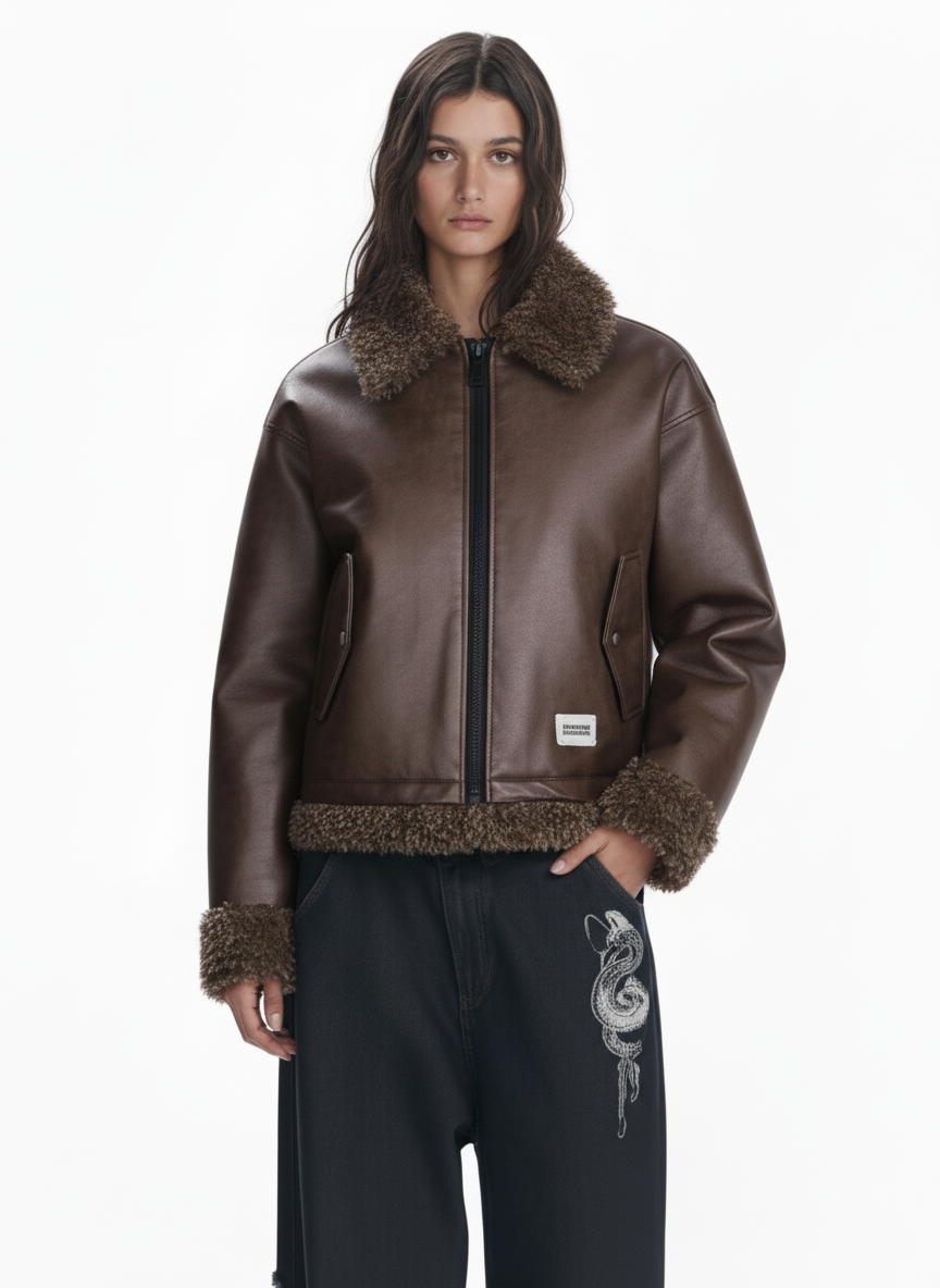 Vintage Brown Faux Fur Trim Faux Leather Padded Bomber Jacket