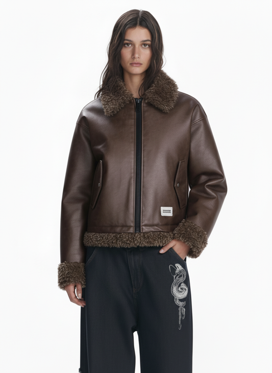 Vintage Brown Faux Fur Trim Faux Leather Padded Bomber Jacket