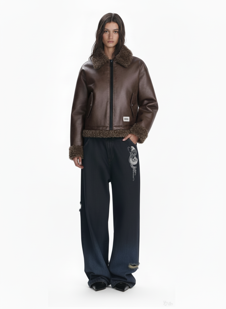 Vintage Brown Faux Fur Trim Faux Leather Padded Bomber Jacket