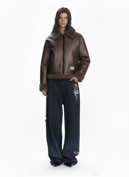 Vintage Brown Faux Fur Trim Faux Leather Padded Bomber Jacket