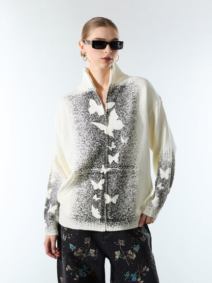 Street Dark Phantom Butterfly Stand-Collar Knit Cardigan Sweater