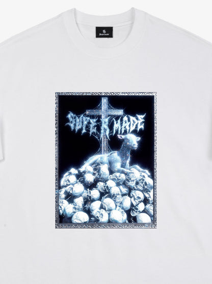 The Supermade-Cotton Black And White"The Silence Of The Lambs" T-Shirt With Gothic Cross And Skulls Graphic Print - Dark 