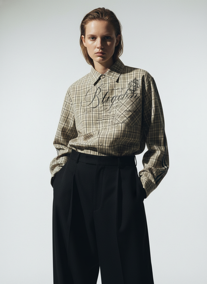 Street Print Lettering Plaid Long-Sleeve Shirt