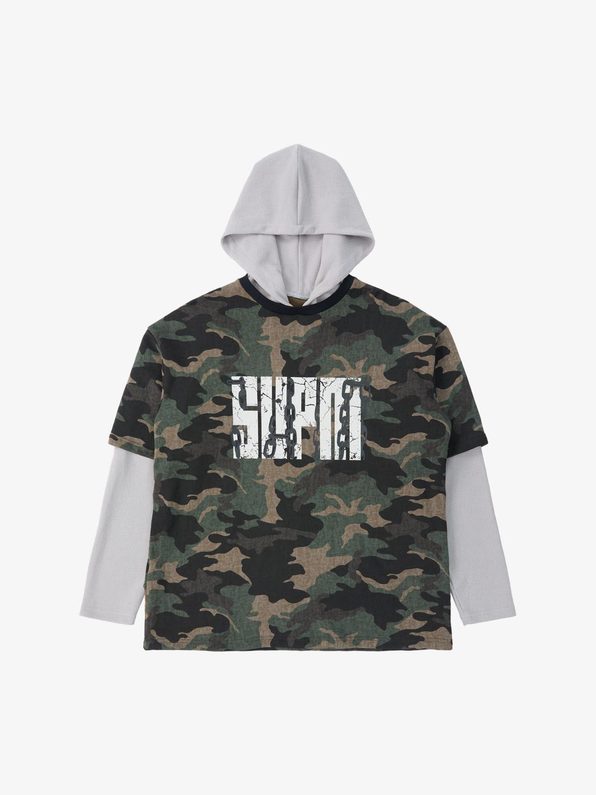 Supermade Camouflage Patchwork Faux Two-Piece Hooded Top?
