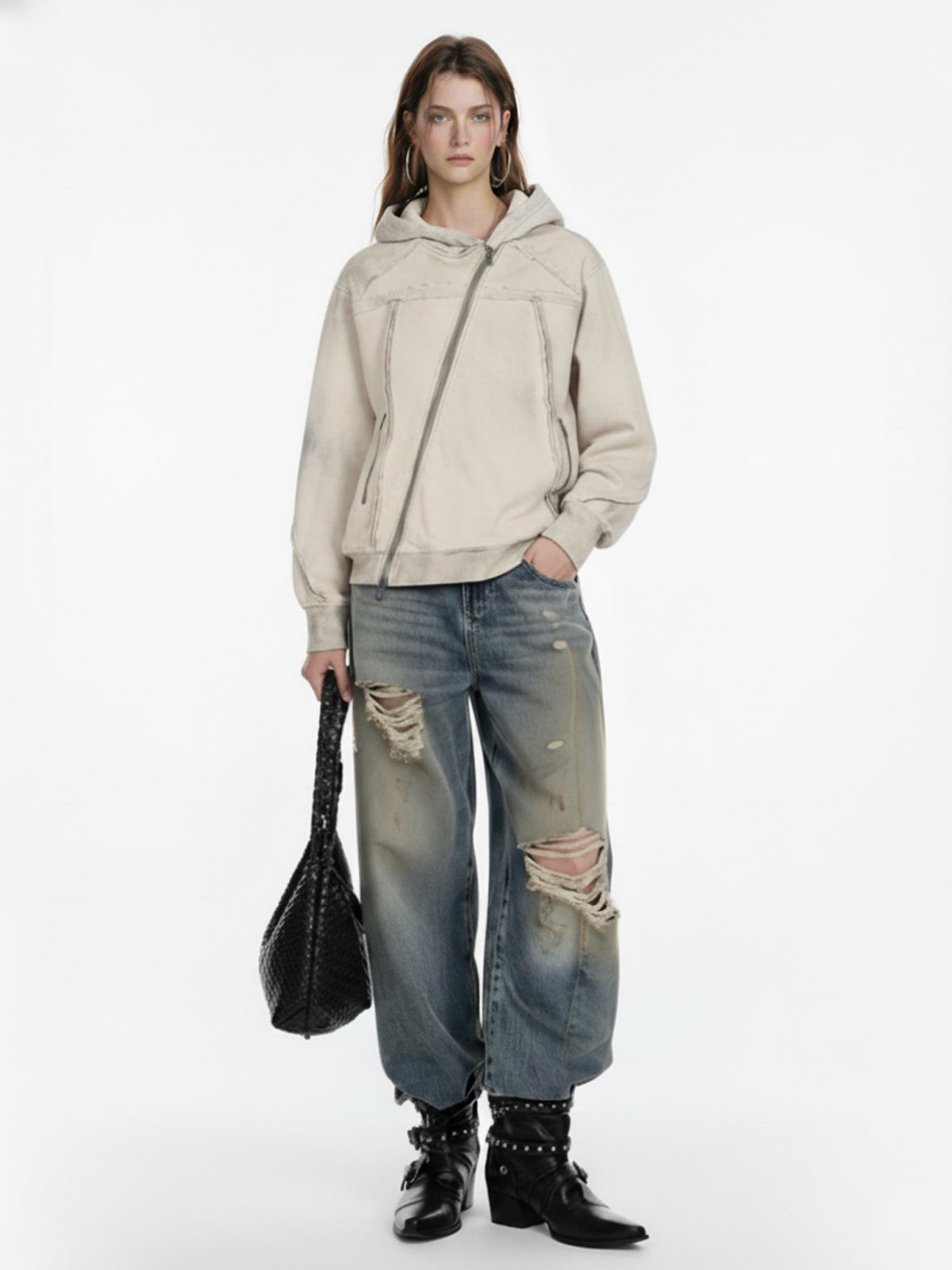 Retro Asymmetric Zip Up Deconstructed Hoodie