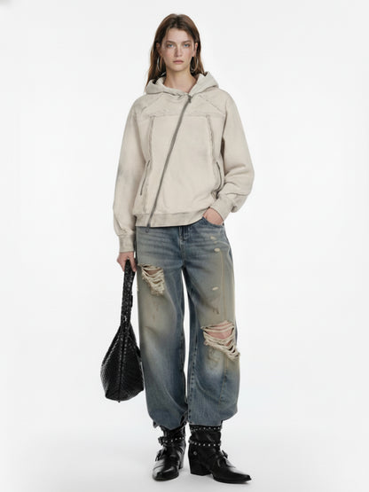 Retro Asymmetric Zip Up Deconstructed Hoodie