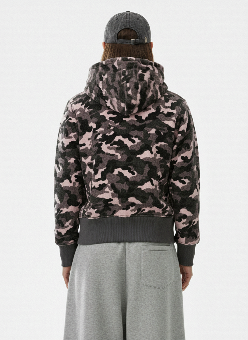 Camo Sherpa-Lined Detachable-Collar Fleece Hooded Jacket