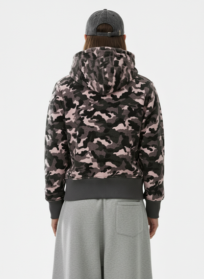 Camo Sherpa-Lined Detachable-Collar Fleece Hooded Jacket