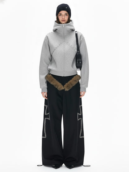 Dark Street Style Cat Ear Studded Zip-Up Hoodie