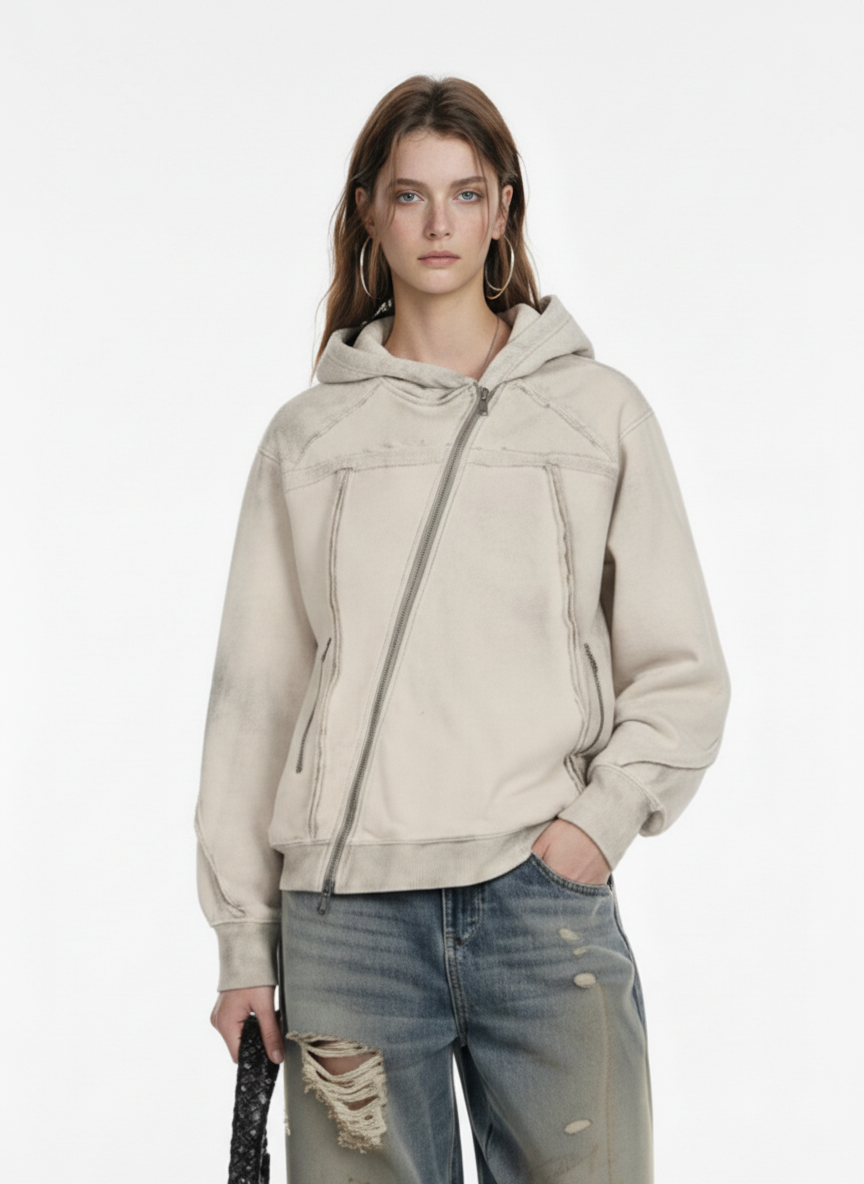 Retro Asymmetric Zip Up Deconstructed Hoodie