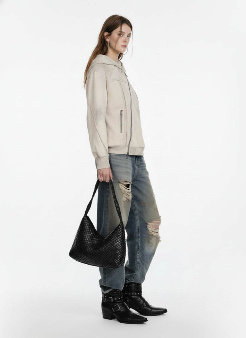 Retro Asymmetric Zip Up Deconstructed Hoodie