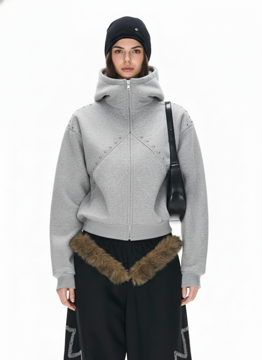 Dark Street Style Cat Ear Studded Zip-Up Hoodie