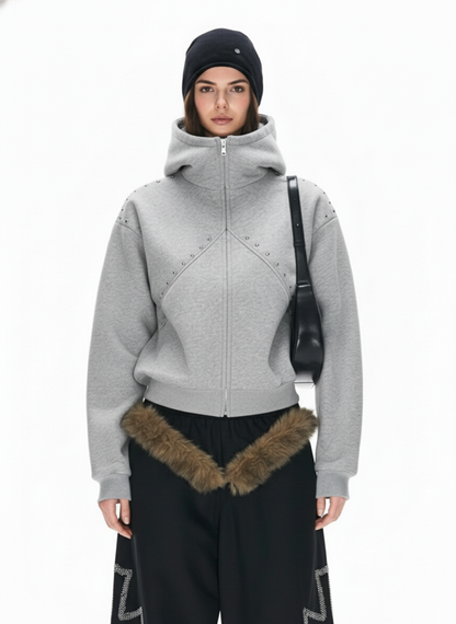 Dark Street Style Cat Ear Studded Zip-Up Hoodie