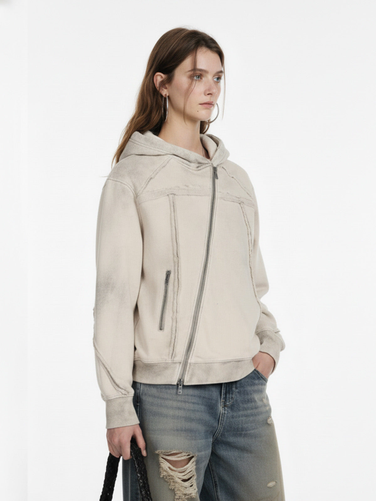 Retro Asymmetric Zip Up Deconstructed Hoodie