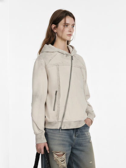 Retro Asymmetric Zip Up Deconstructed Hoodie