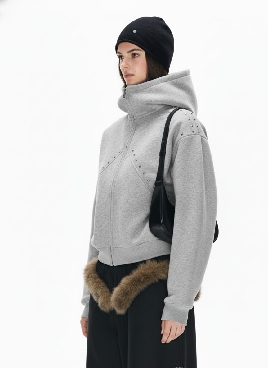 Dark Street Style Cat Ear Studded Zip-Up Hoodie