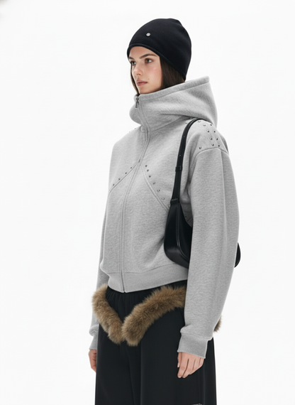 Dark Street Style Cat Ear Studded Zip-Up Hoodie