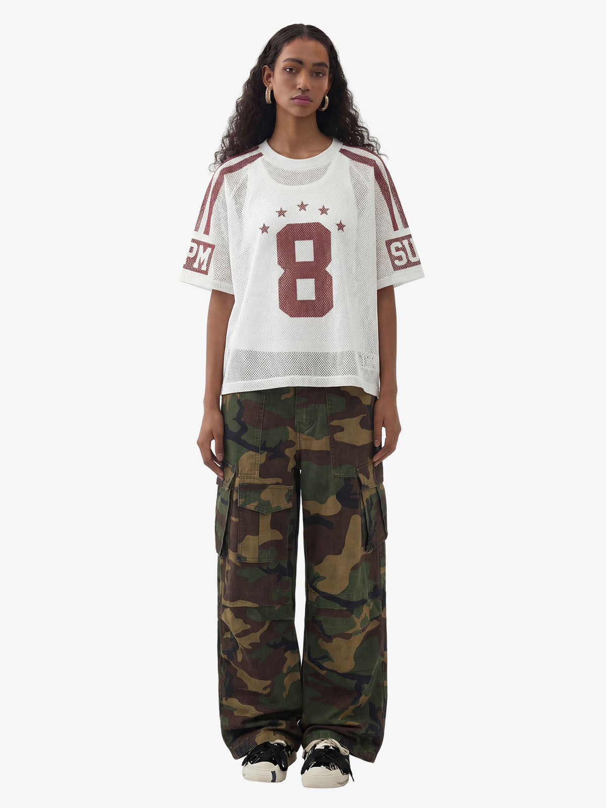 Star Design Number 8 Cropped Sleeve Stripes Jersey T-Shirt