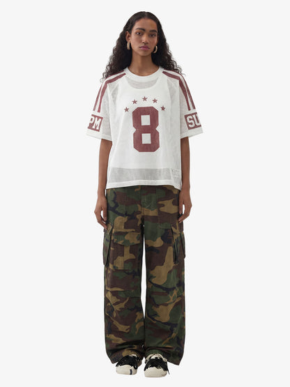 Star Design Number 8 Cropped Sleeve Stripes Jersey T-Shirt