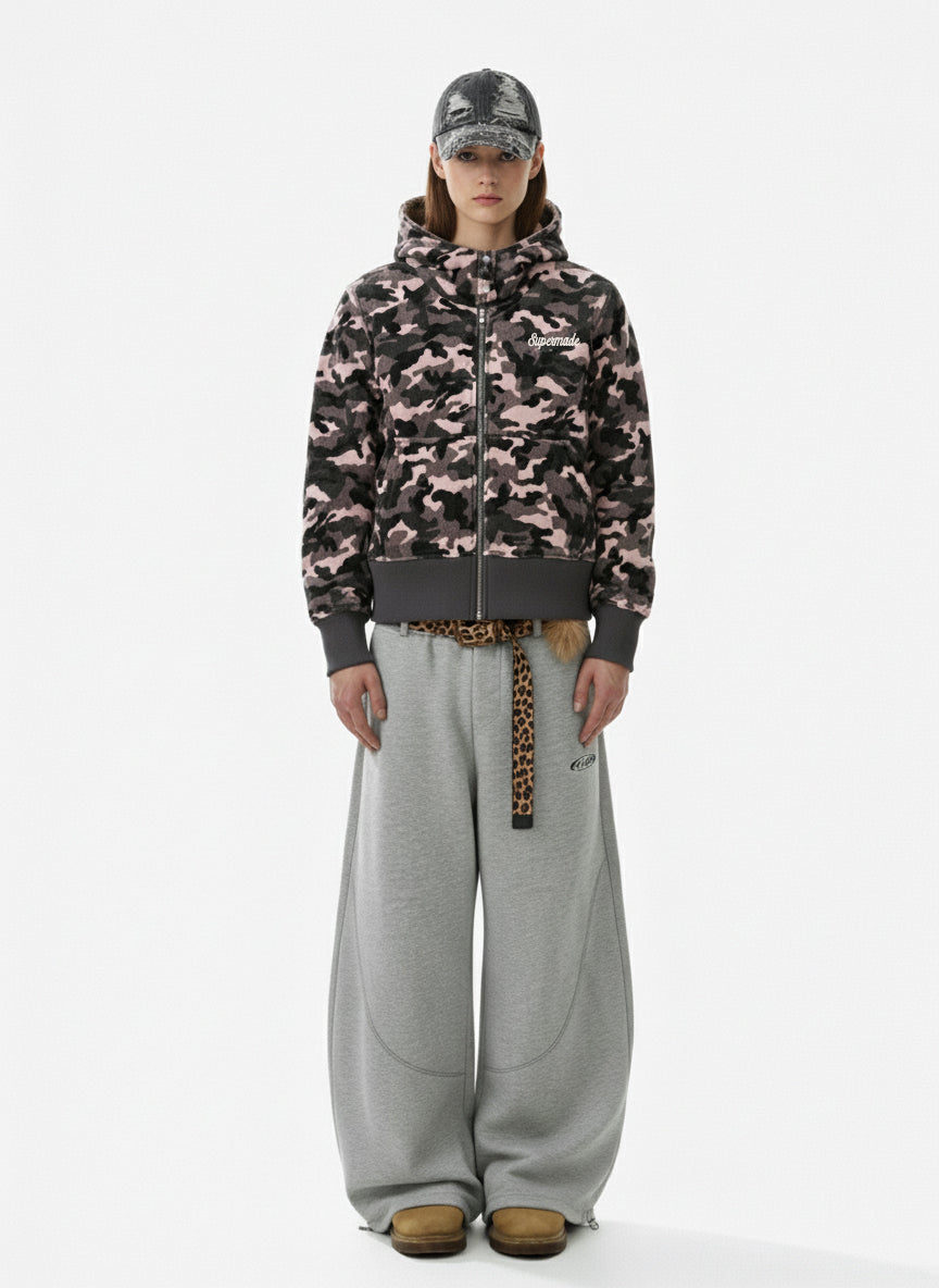 Camo Sherpa-Lined Detachable-Collar Fleece Hooded Jacket